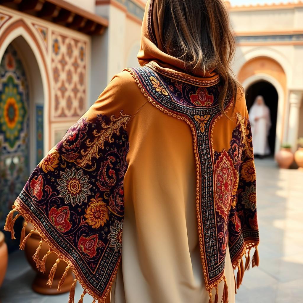 A beautiful Moroccan cloak covering the shoulders, intricately designed with traditional patterns and vibrant colors