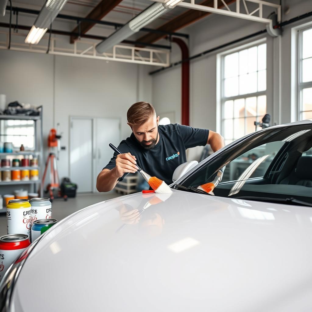 A professional carro painter at work in a bright, well-equipped workshop