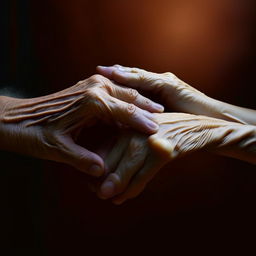 A touching moment between two hands reaching for each other, fingertips barely touching; their skin aged yet remarkably tender and warm. Show it as the representation of real, enduring love.