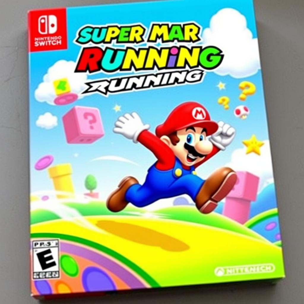 A vibrant and dynamic Nintendo Switch cover art featuring Mario in a lively running pose, with his iconic red hat and blue overalls