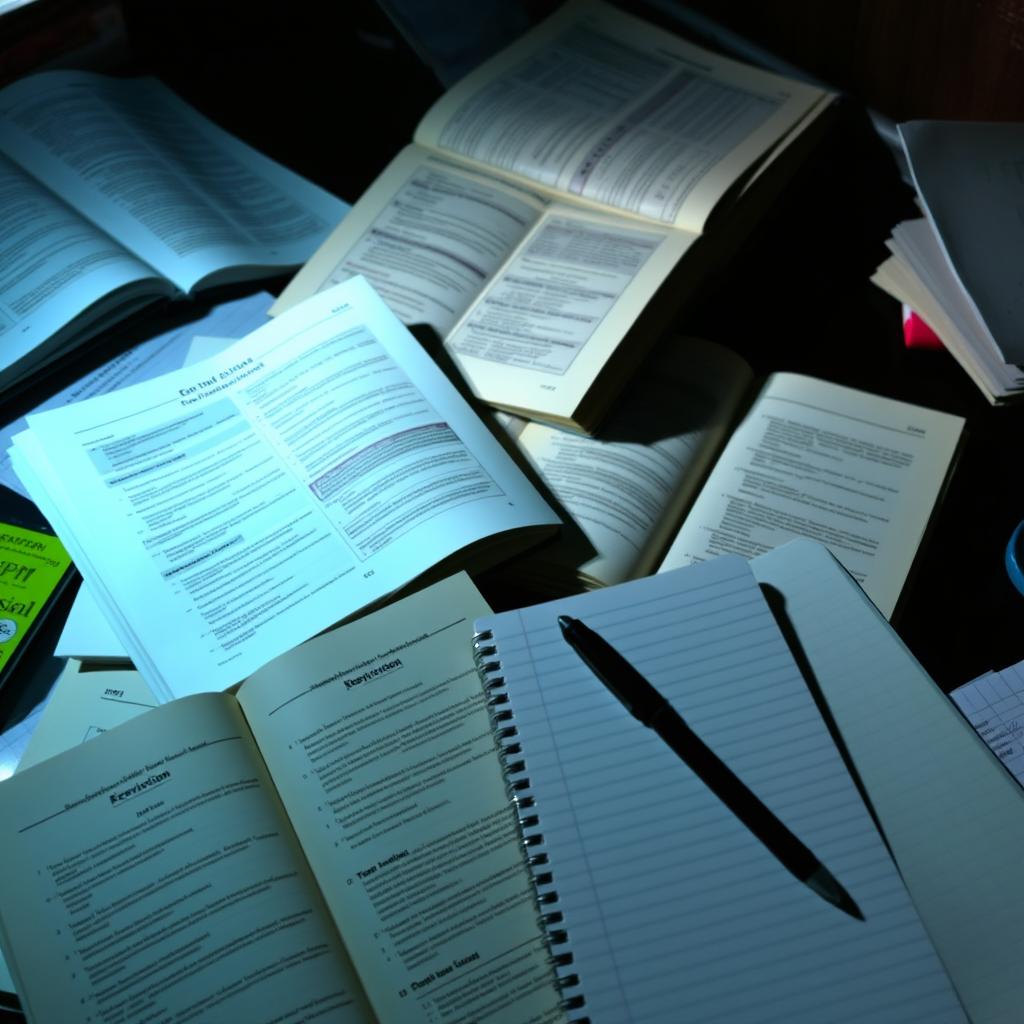 A cluttered study table displaying a pile of open SPM revision books, showcasing various subjects and notes