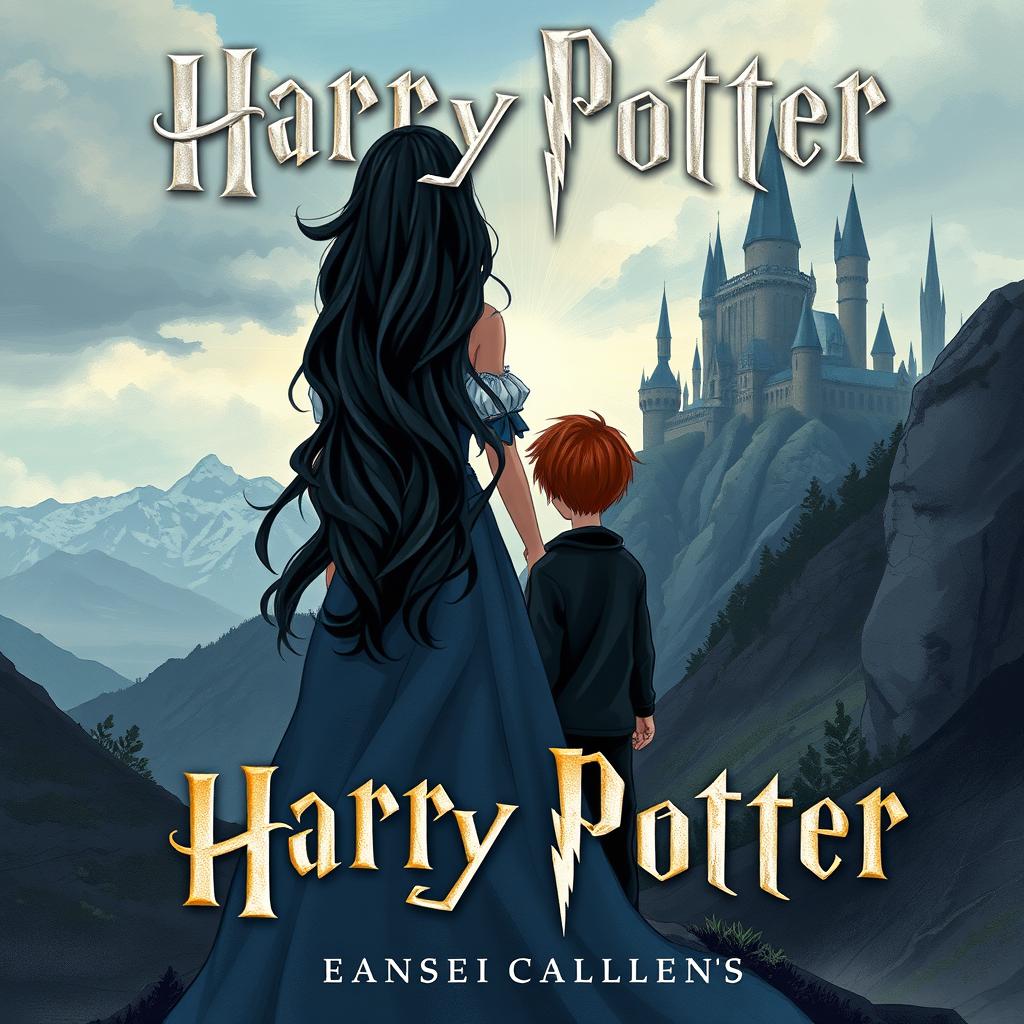 A book cover illustration featuring a princess with long, wavy black hair, viewed from the back, standing on a mountain