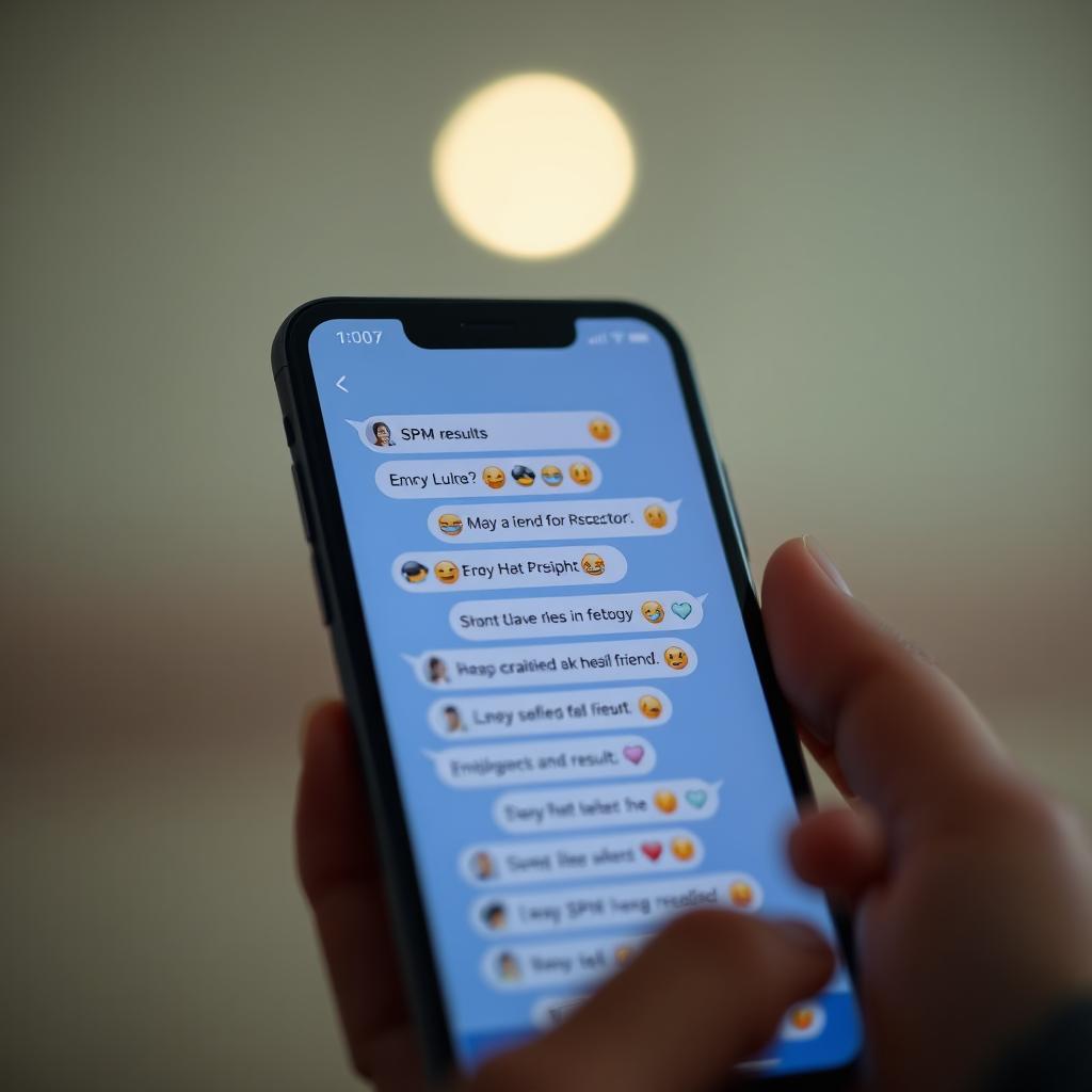 A close-up shot of a sleek smartphone screen displaying a vibrant group chat, filled with text messages sharing SPM results among friends