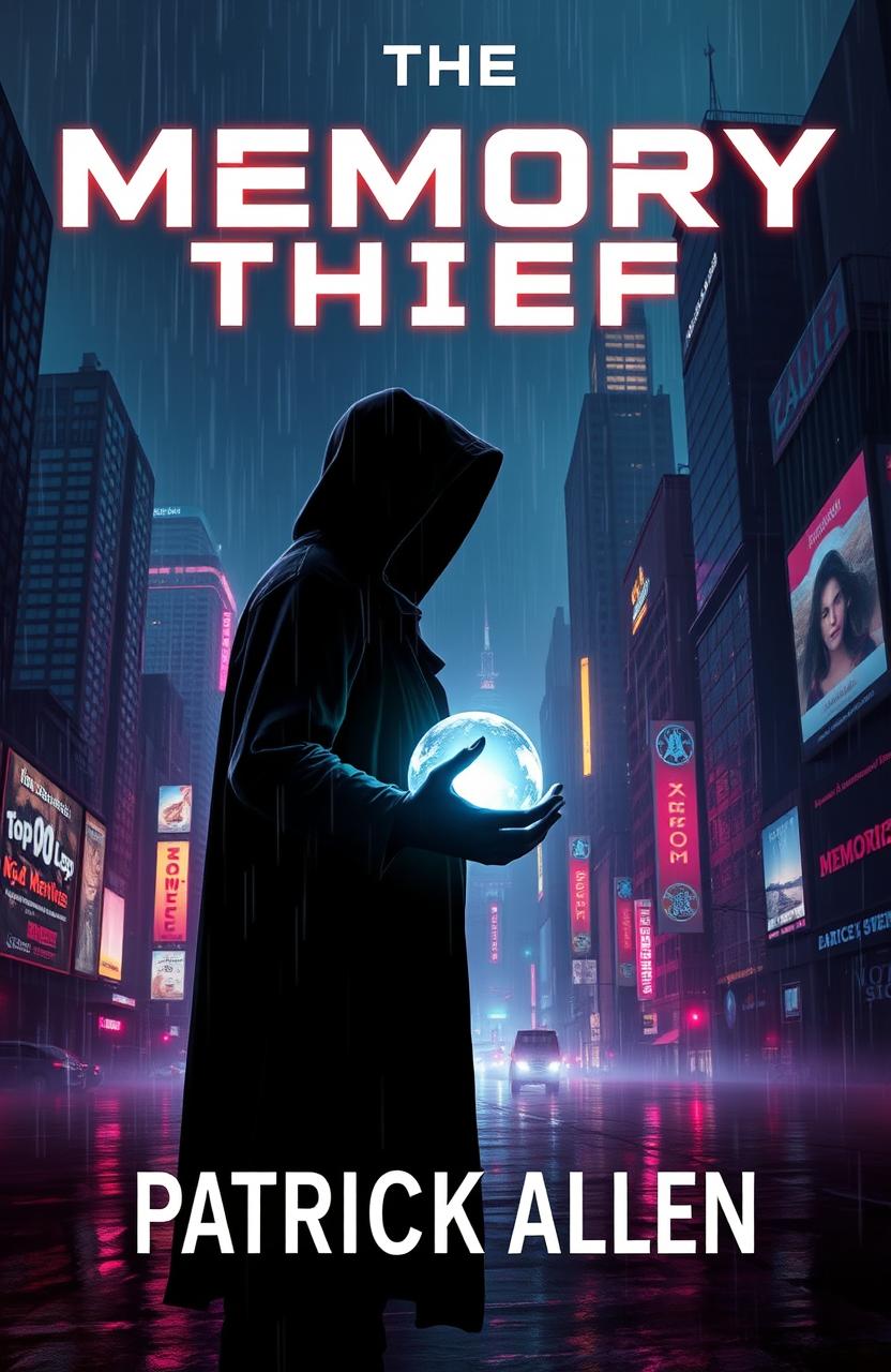 Cover design for a dystopian cyberpunk novel titled "The Memory Thief" by Patrick Allen, featuring a dark, neon-lit cityscape in the background, with towering skyscrapers and holographic advertisements