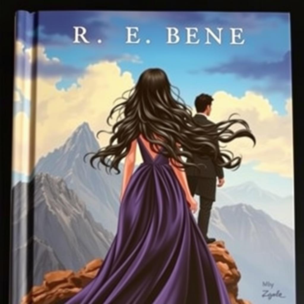 A book cover featuring a brunette princess with long, wavy black hair seen from the back, standing on a mountain peak