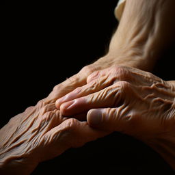 A touching moment between two hands reaching for each other, fingertips barely touching; their skin aged yet remarkably tender and warm. Show it as the representation of real, enduring love.