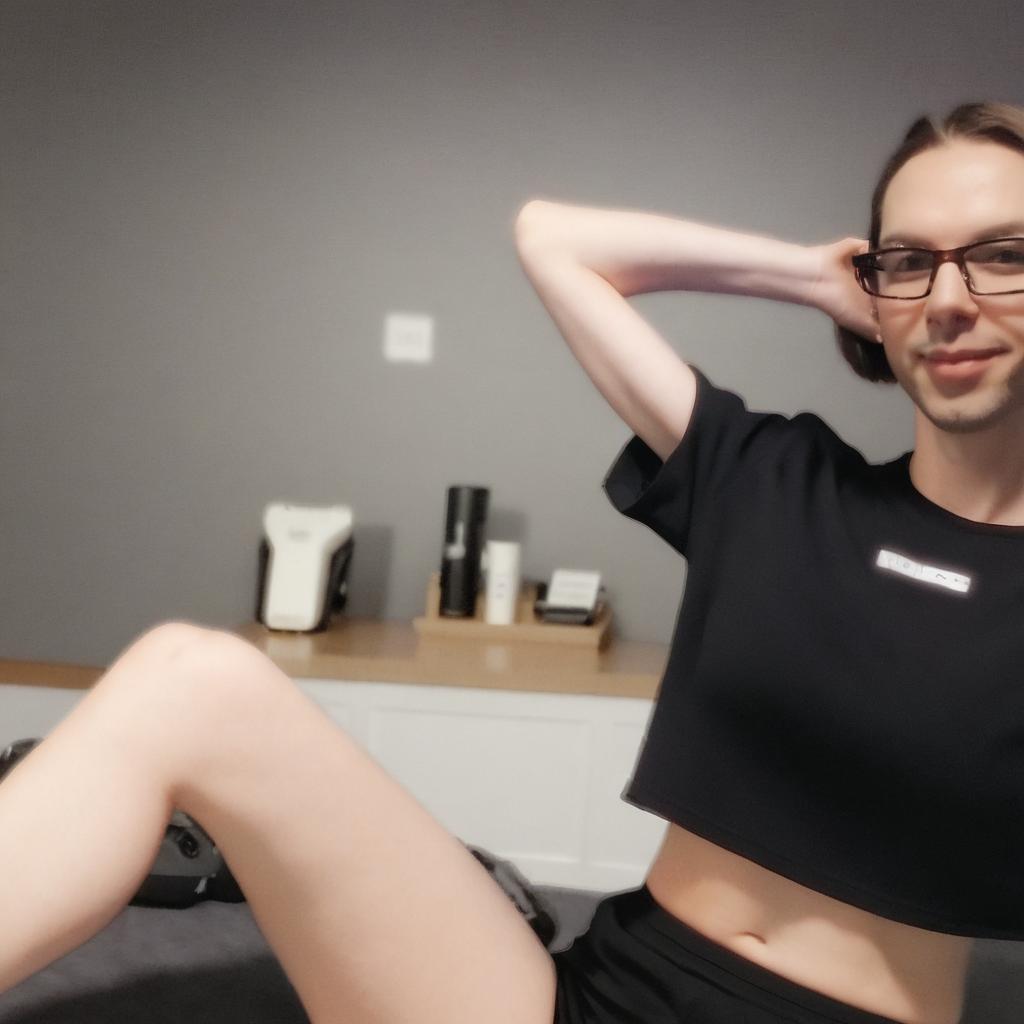 Make me female with shoulder length brown hair behind the ears wearing a crop top and shorts
