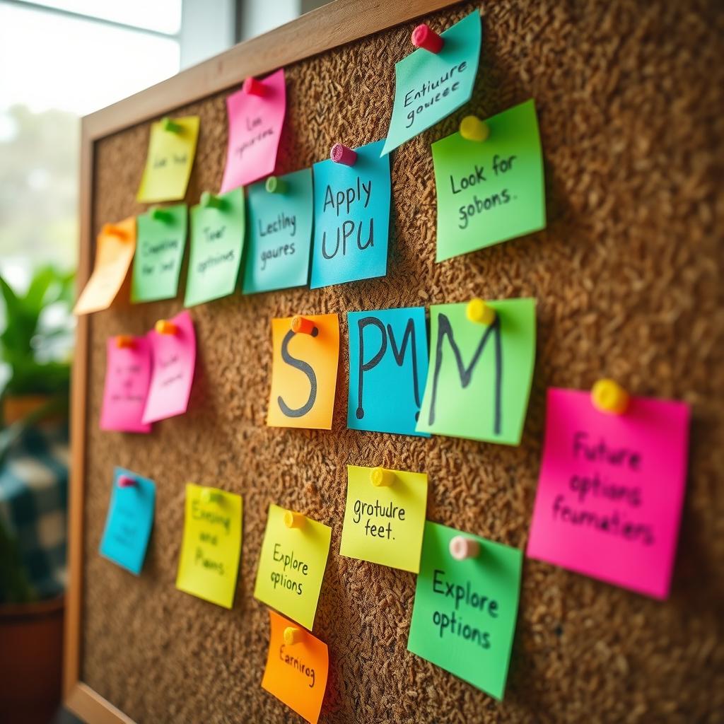 A vibrant corkboard filled with colorful sticky notes, each pinned with future plans following the SPM results