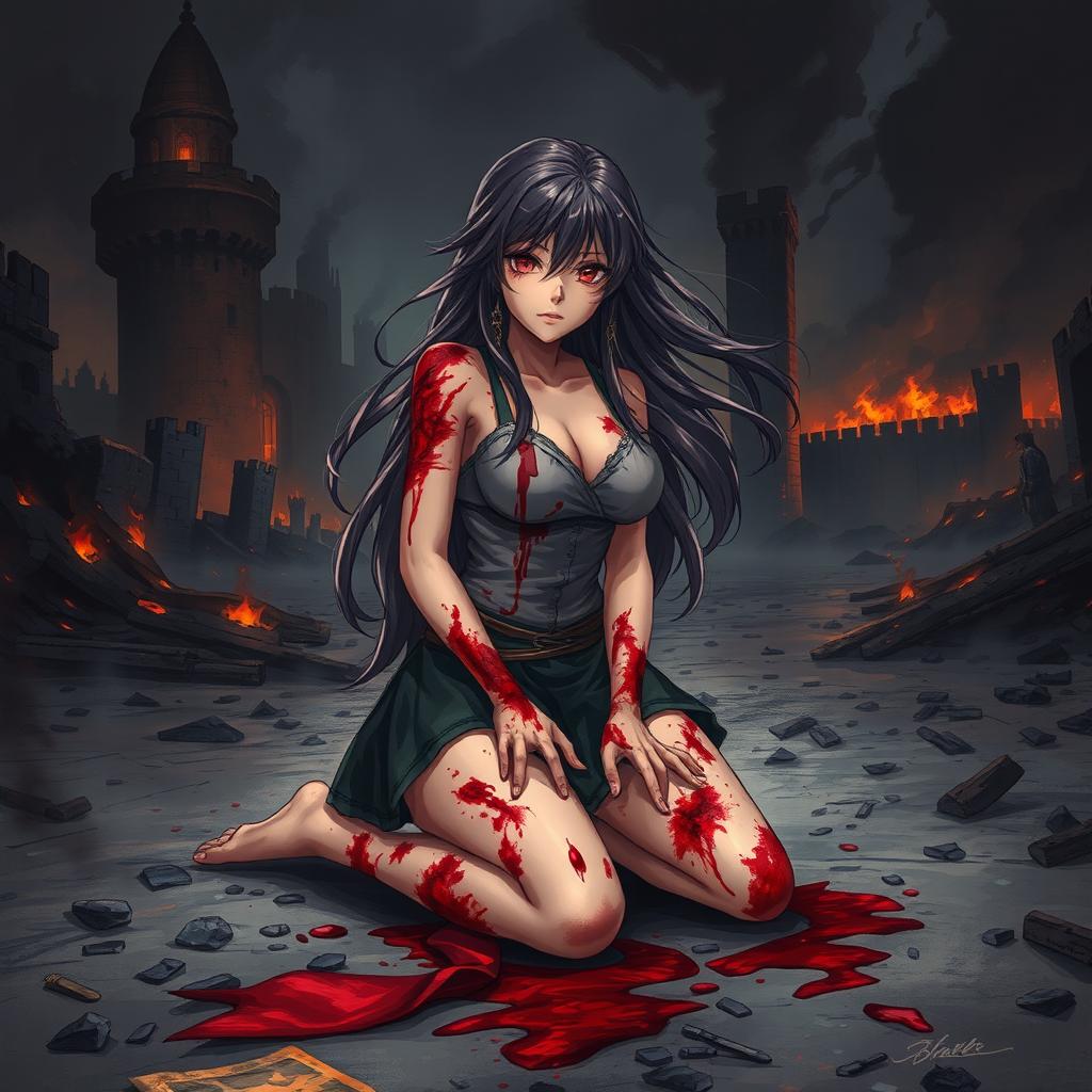 A woman kneeling on the ground, showing signs of being severely burned and bleeding, captured in a medieval fantasy setting