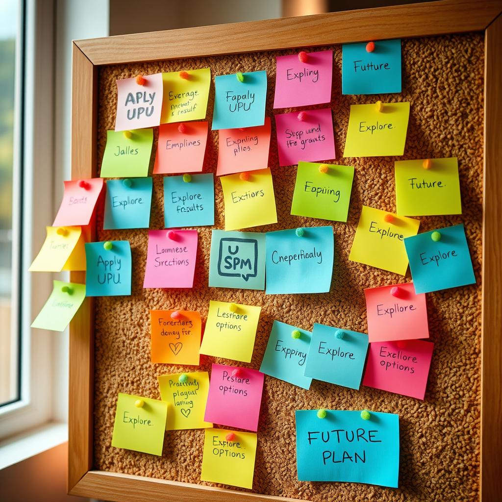 A vibrant corkboard filled with an array of colorful sticky notes pinned with future plans following SPM results