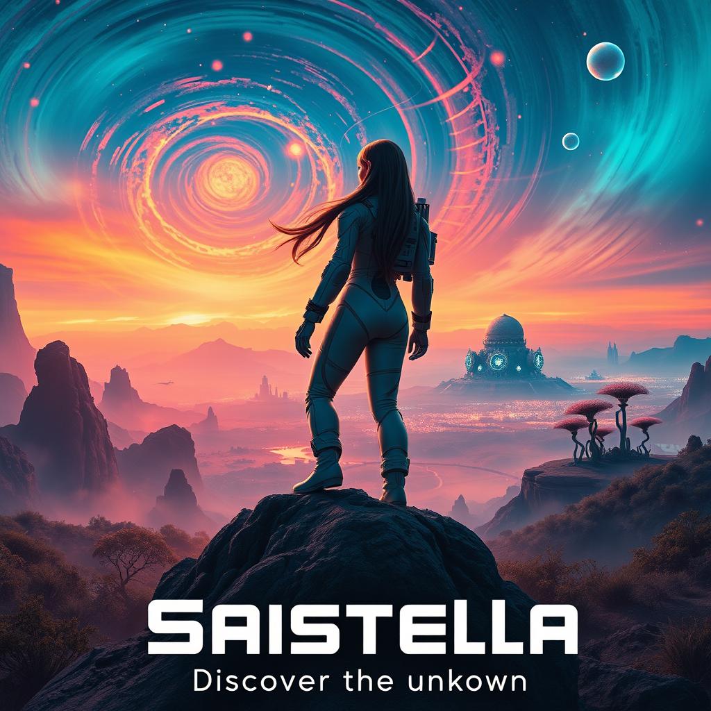 A cinematic poster for a fictional movie titled 'Saistella', featuring a breathtaking landscape of a mysterious alien planet with vibrant colors