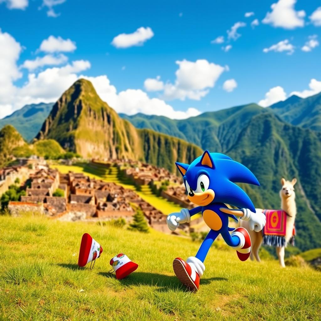 Sonic the Hedgehog exploring a vibrant Peruvian landscape, featuring the iconic Machu Picchu in the background, lush green mountains, and colorful traditional Peruvian textiles