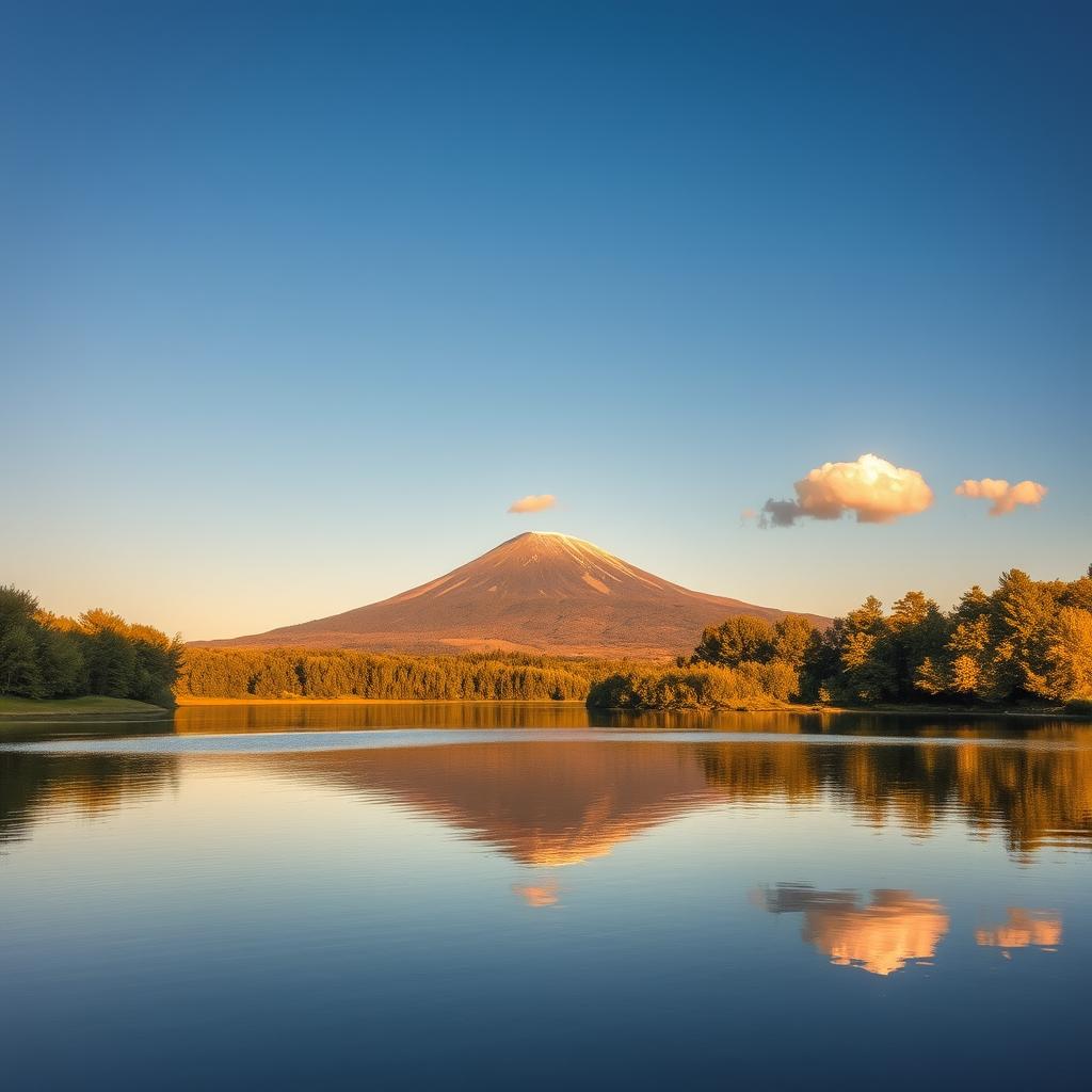 An elegant landscape featuring a serene lake surrounded by lush green trees and a picturesque mountain in the background under a clear blue sky