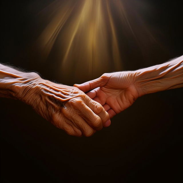 A touching moment between two hands reaching for each other, fingertips barely touching; their skin aged yet remarkably tender and warm. Show it as the representation of real, enduring love.