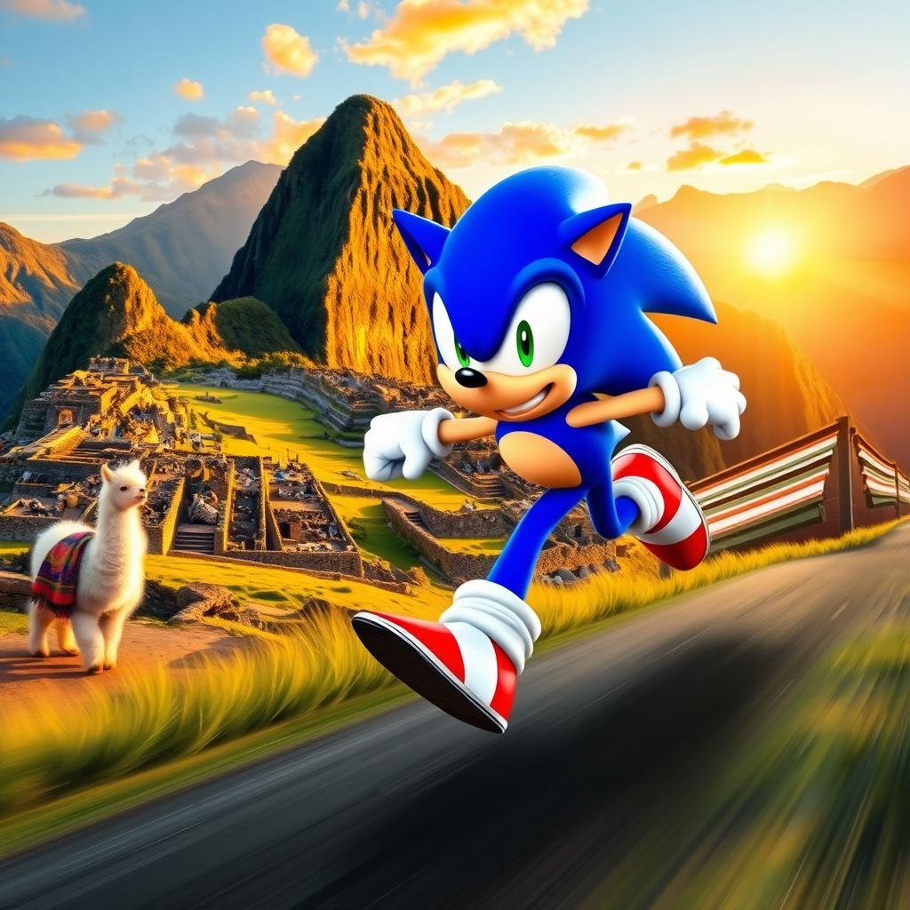 Sonic the Hedgehog racing through the vibrant landscapes of Peru, featuring stunning Incan ruins in the background, such as Machu Picchu, with llamas and colorful traditional Peruvian textiles scattered around