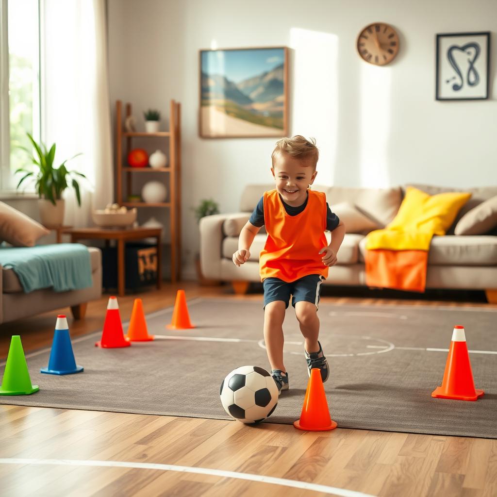 A realistic image of a child playing futsal in their home