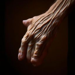 A touching moment between two hands reaching for each other, fingertips barely touching; their skin aged yet remarkably tender and warm. Show it as the representation of real, enduring love.