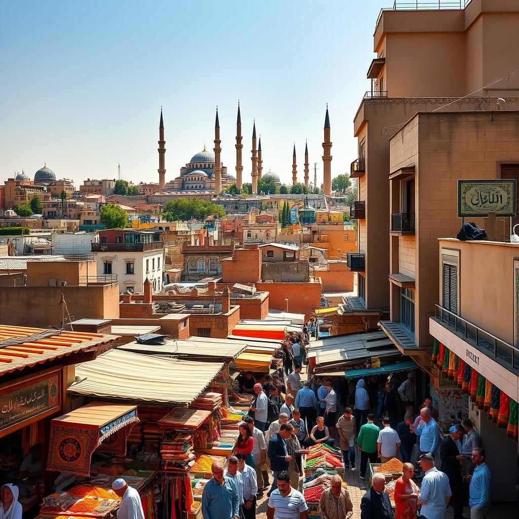 A vibrant, bustling cityscape in Iran, showcasing traditional Persian architecture with intricate tile work and charming bazaars