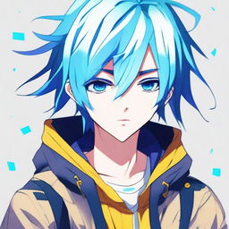 Anime boy with vibrant blue hair, expressive eyes, and a fashionable outfit