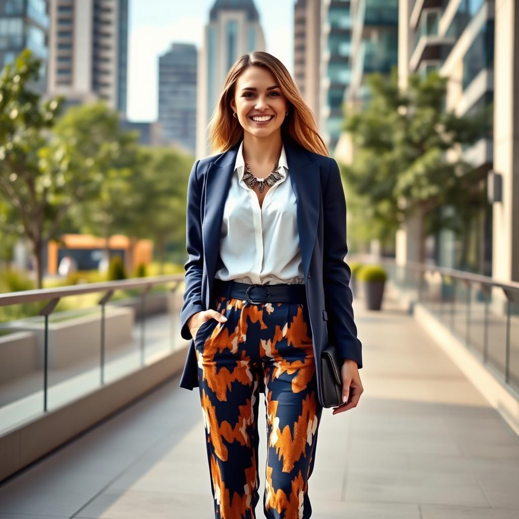 A stylish woman in a modern, urban setting, standing confidently with a bright smile