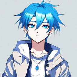 Anime boy with vibrant blue hair, expressive eyes, and a fashionable outfit