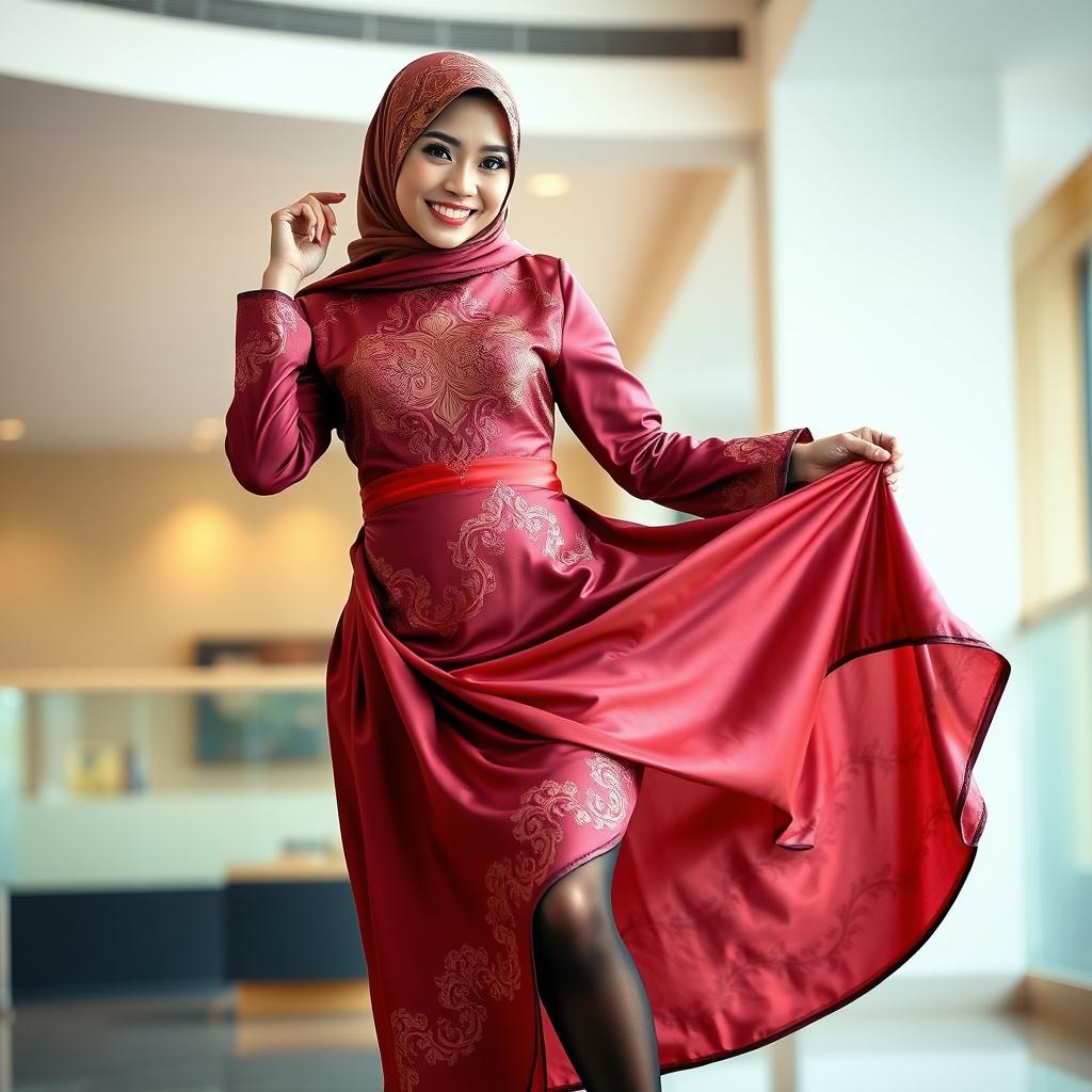A beautiful Malay woman wearing a luxurious silk baju kurung, gracefully lifting her skirt to reveal elegant pantyhose and stylish heels