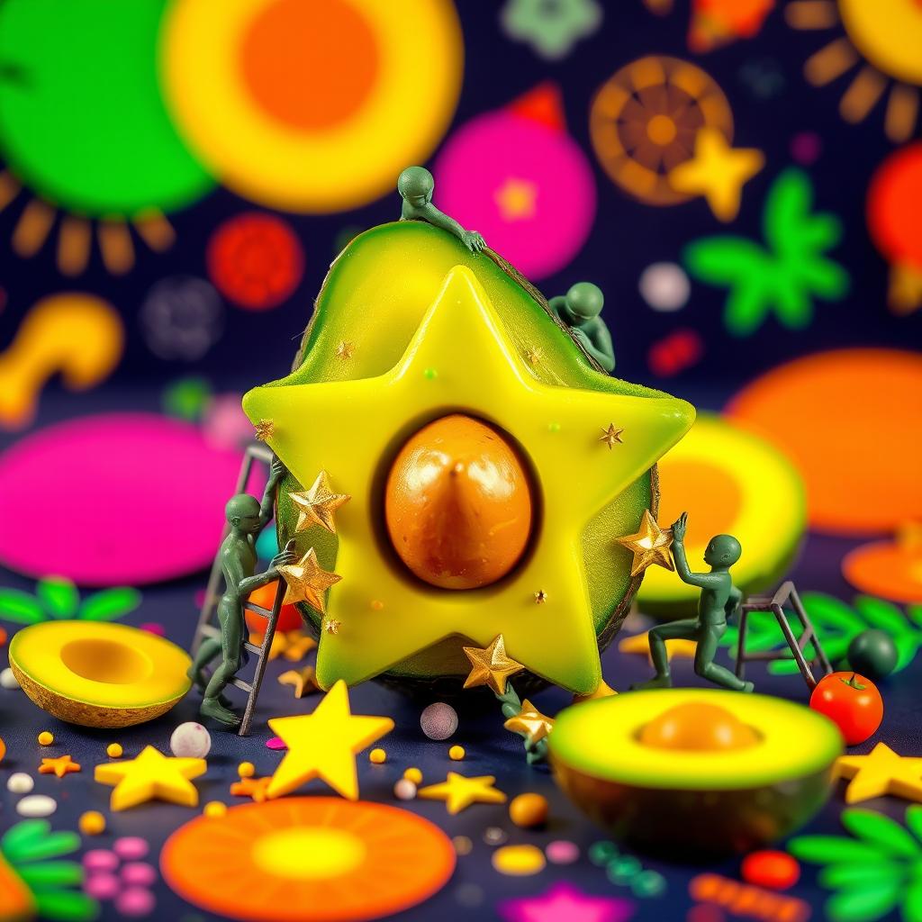 Tiny figures working together to build a trendy avocado-themed star juice