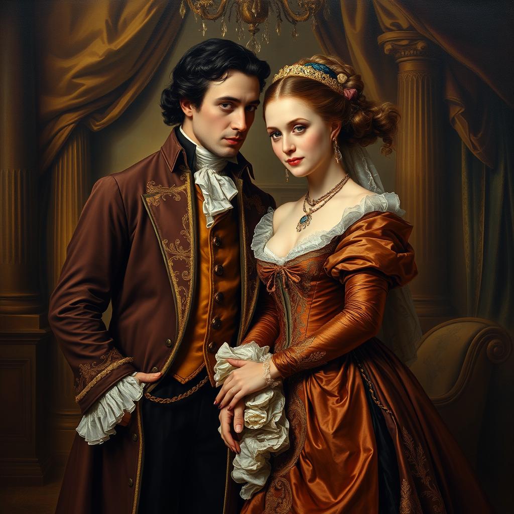 A baroque oil painting depicting an elegant couple dressed in period clothing, showcasing the intricate details of their garments with rich colors and textures