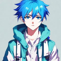 Anime boy with vibrant blue hair, expressive eyes, and a fashionable outfit