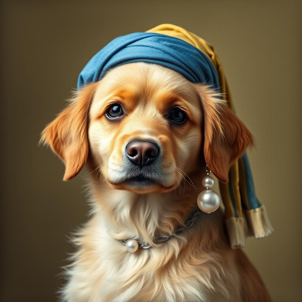 A charming dog modeled after the iconic painting 'Girl with a Pearl Earring'