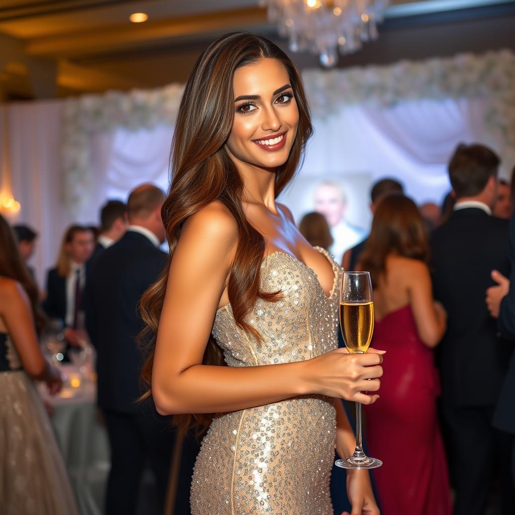 Ayla, a stunning woman with long, flowing brunette hair, wearing a sparkling evening gown that complements her figure