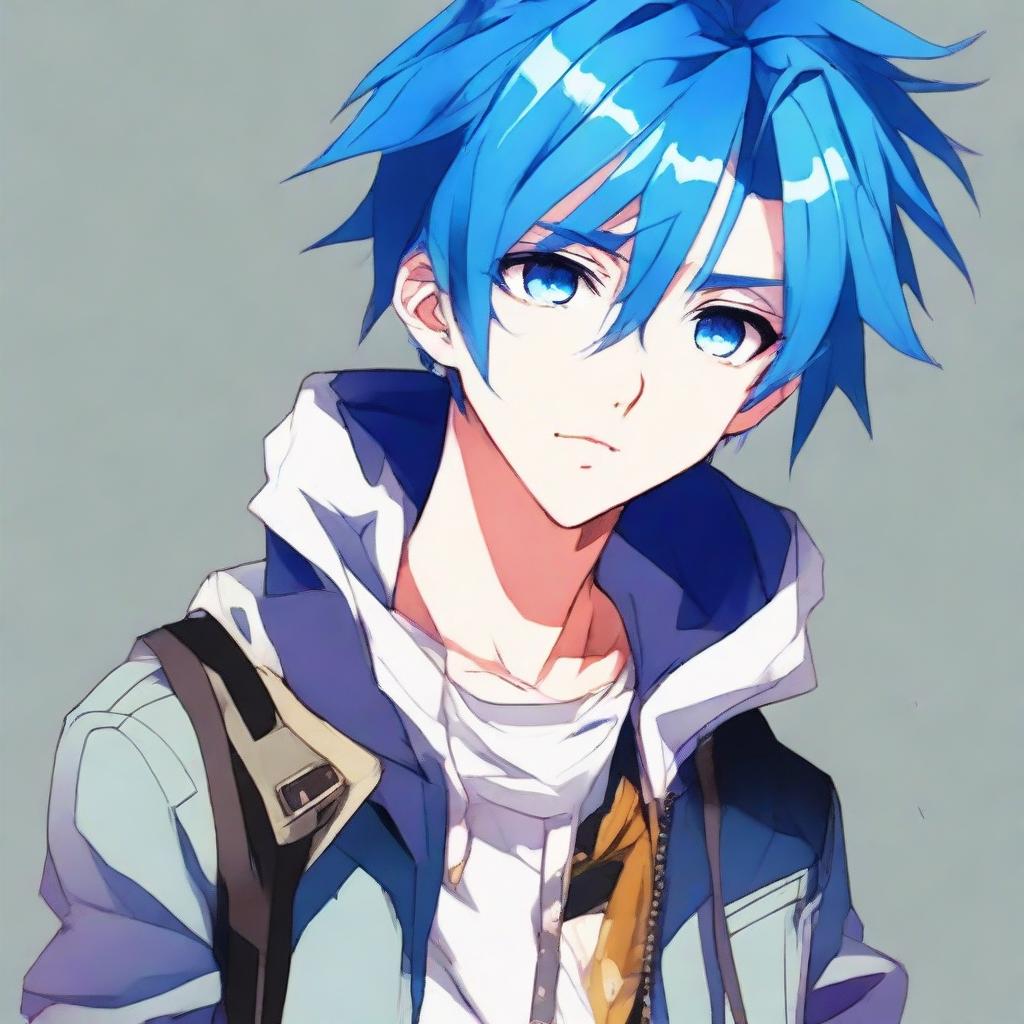 Anime boy with vibrant blue hair, expressive eyes, and a fashionable outfit