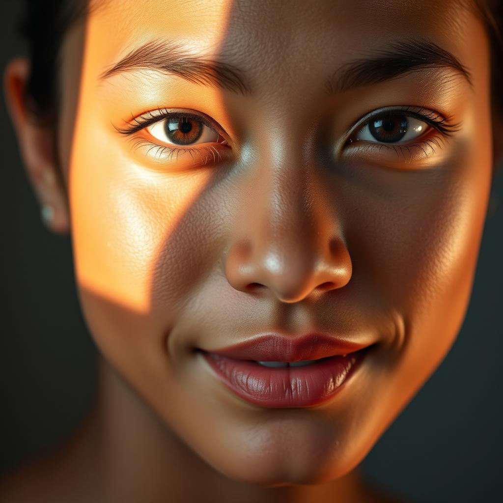 A close-up portrait of a person focusing on their face with the lighting adjusted to enhance clarity and detail