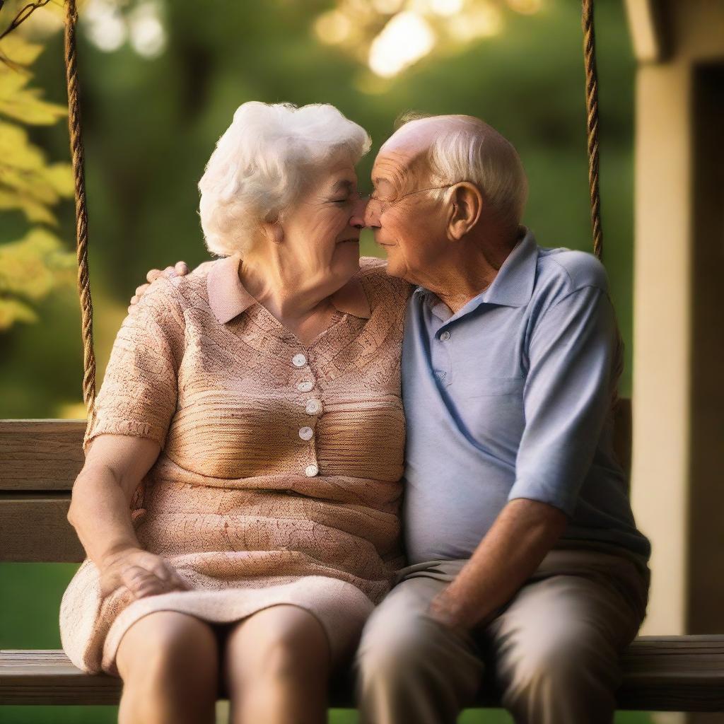 A tender scene of a senior couple sitting on a porch swing, hands gently entwined. The sunset paints a golden hue on their faces, symbolizing enduring, real love.