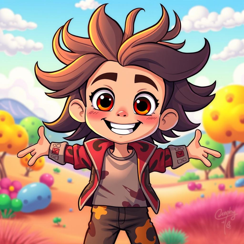 A vibrant and colorful cartoon character featuring a young adult with exaggerated facial features and lively expressions