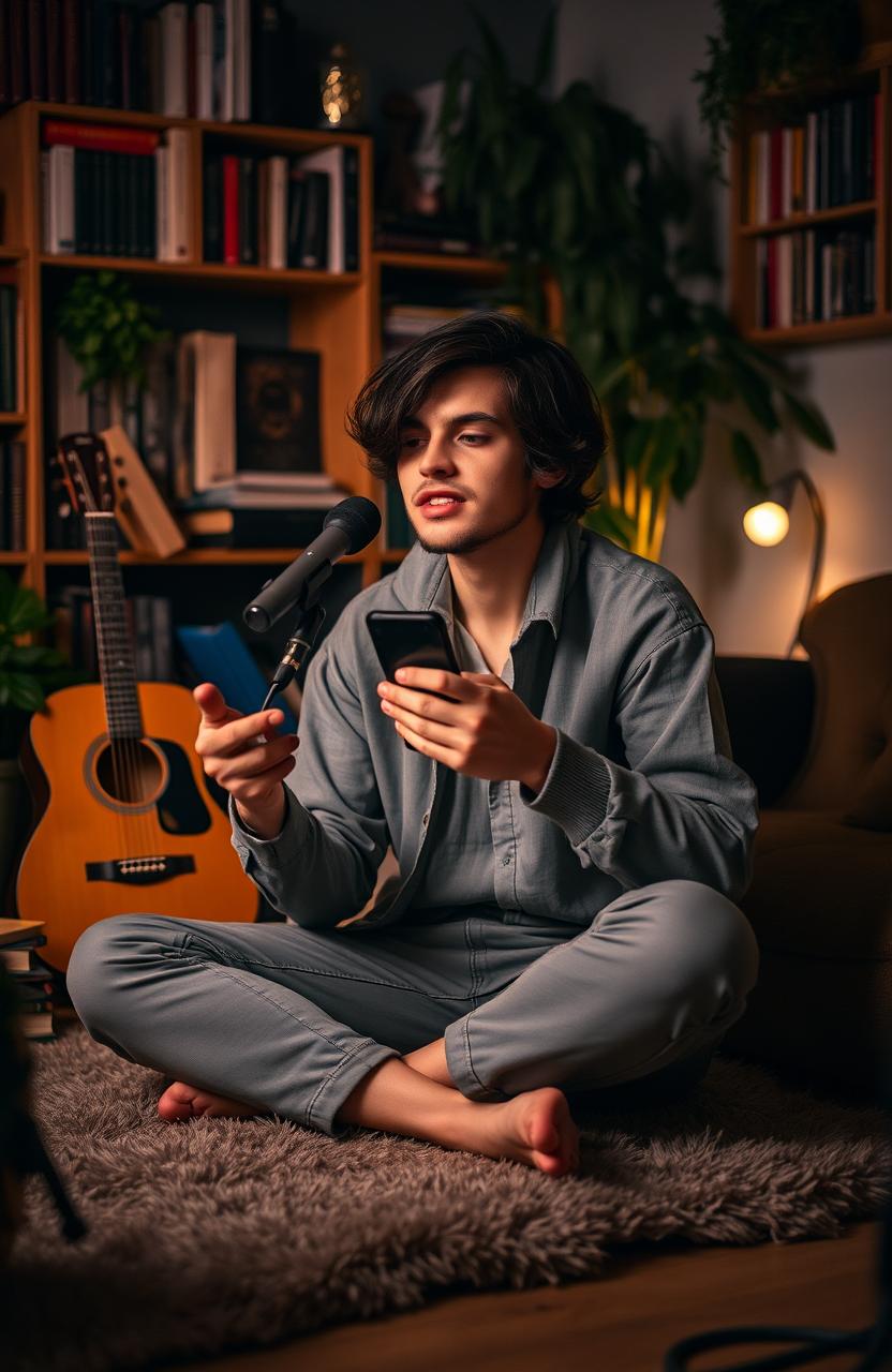 A thoughtful poet in a private setting, confidently expressing their emotions through spoken word