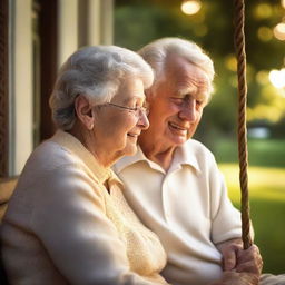 A tender scene of a senior couple sitting on a porch swing, hands gently entwined. The sunset paints a golden hue on their faces, symbolizing enduring, real love.