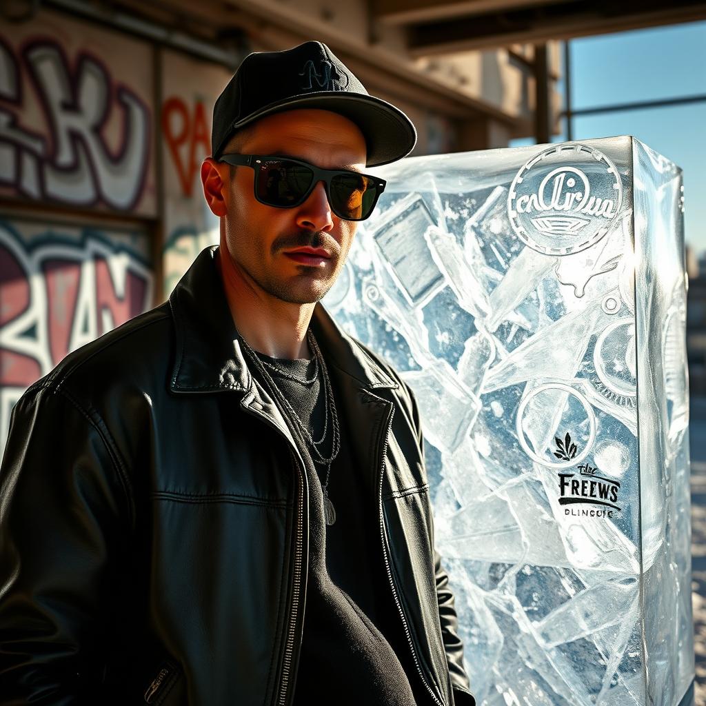 A rugged gangster with a confident demeanor standing in front of a frozen ice block