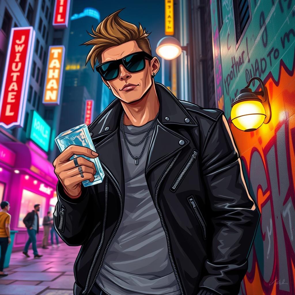 A cool gangster character named Tuan, with a tough demeanor, wearing a stylish leather jacket, sunglasses on, and a confident pose