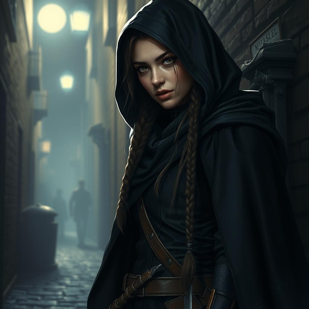 A hidden rogue lurking in the shadows, featuring intricate braids that cascade down her back