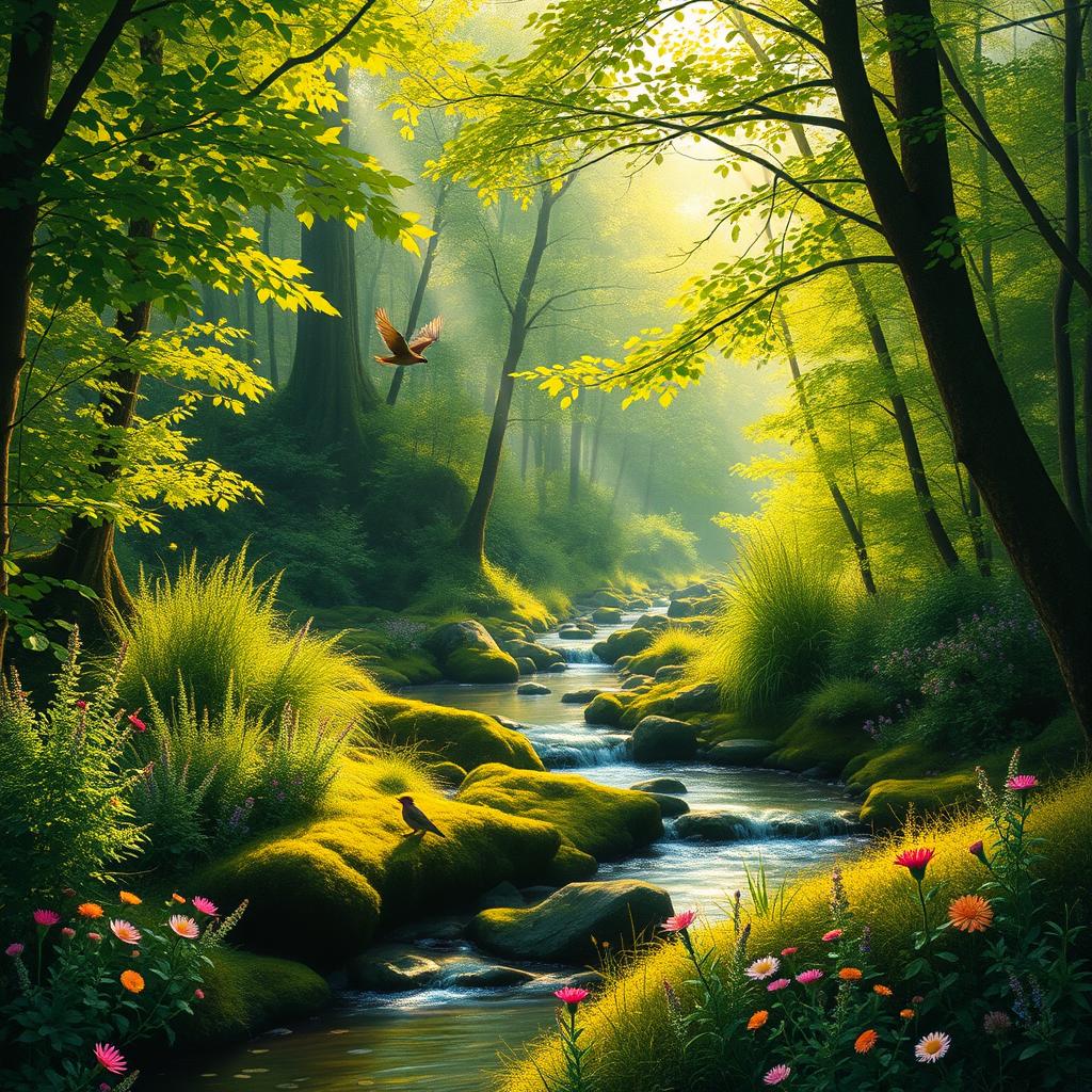 A serene and tranquil nature scene depicting a lush green forest with sunlight filtering through the leaves