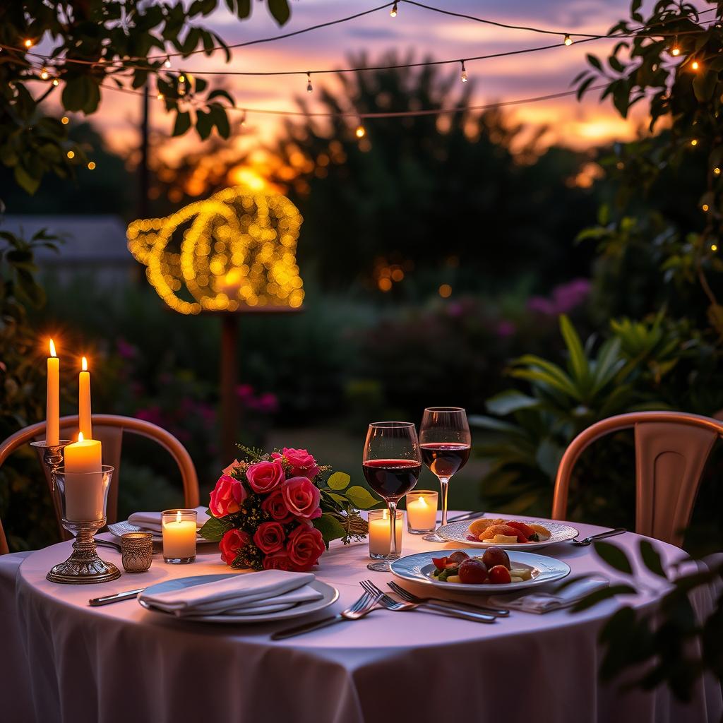 A beautifully set romantic table for two, adorned with elegant dinnerware and flickering candles, surrounded by a lush garden at sunset