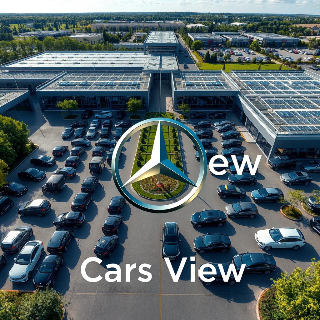 An aerial view of a Mercedes factory showcasing the expansive grounds filled with sleek Mercedes-Benz cars