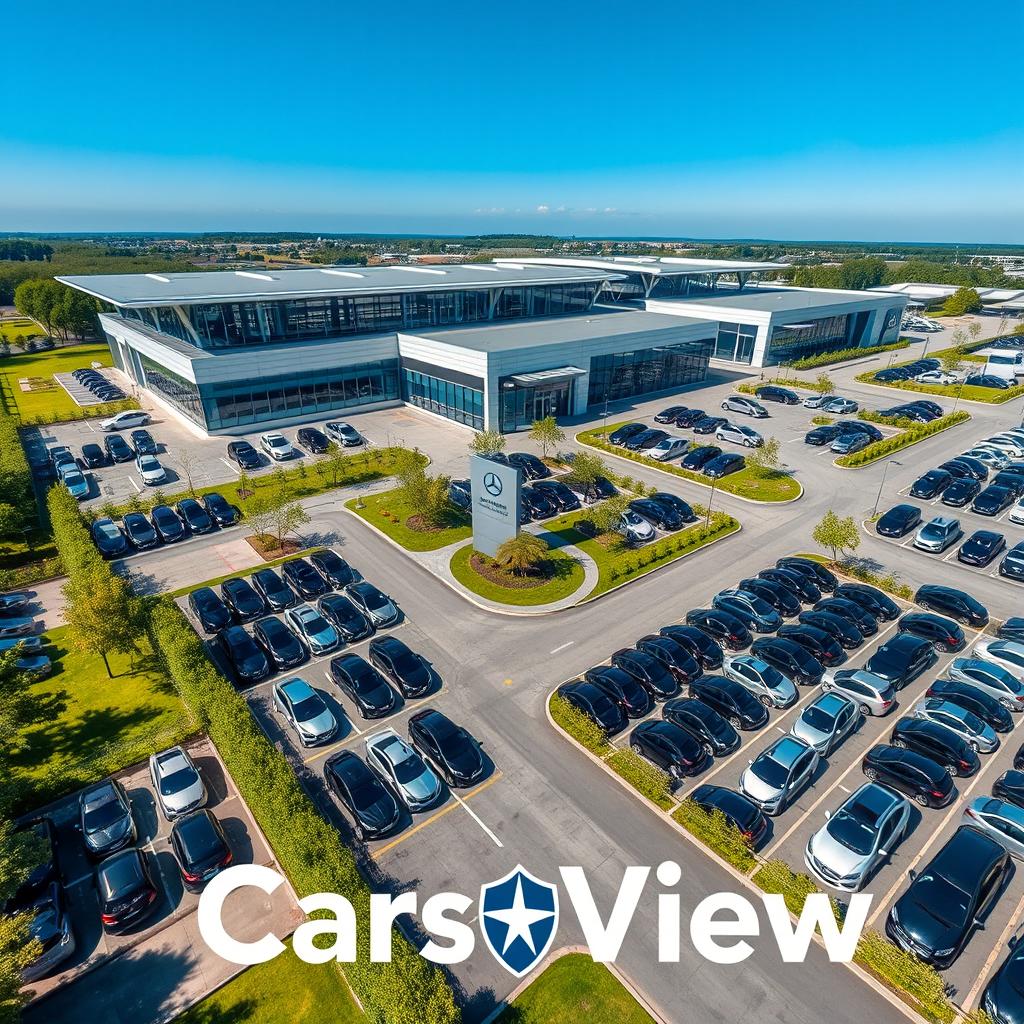 An aerial view of a sleek and modern Mercedes factory, showcasing the expansive layout with multiple sections of the facility designed in a contemporary style
