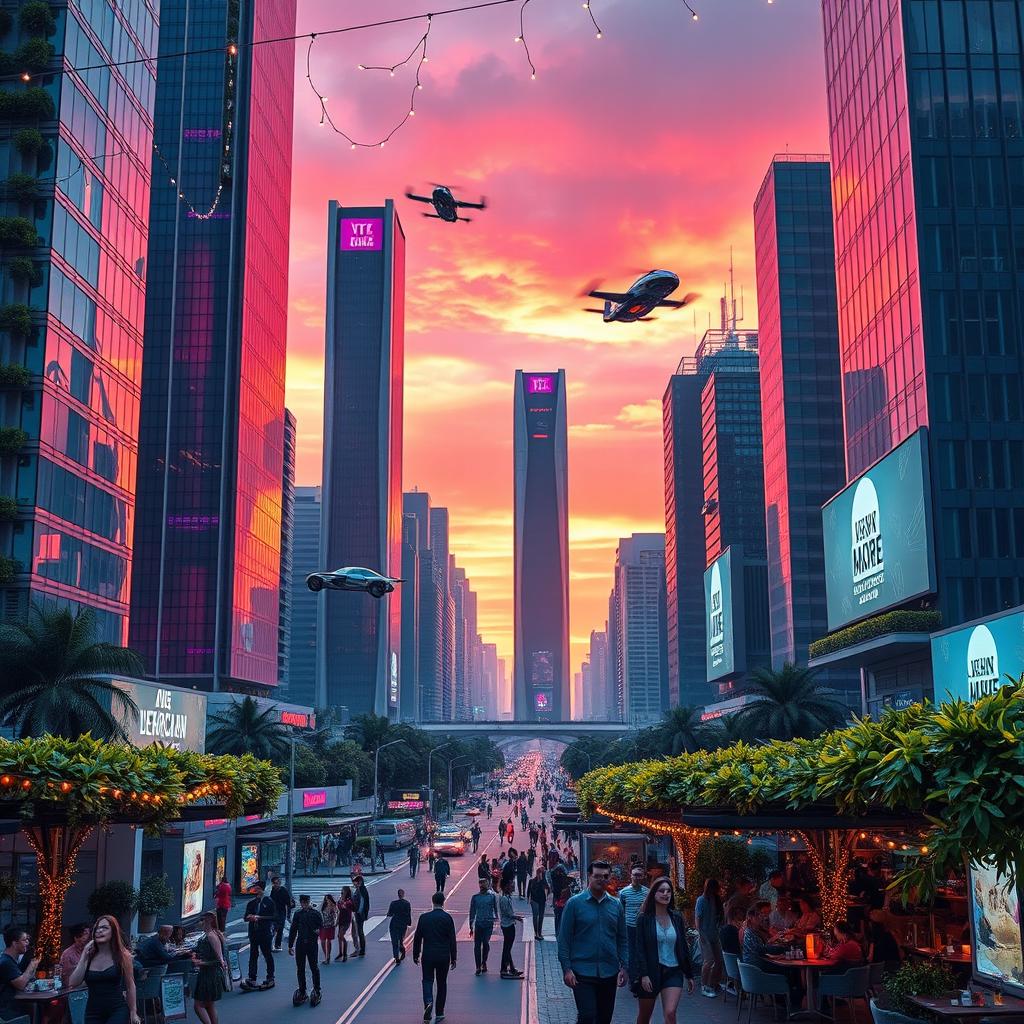 A futuristic city skyline at sunset, featuring tall, sleek skyscrapers made of glass and steel, reflecting vibrant pink and orange hues