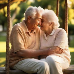 A tender scene of a senior couple sitting on a porch swing, hands gently entwined. The sunset paints a golden hue on their faces, symbolizing enduring, real love.