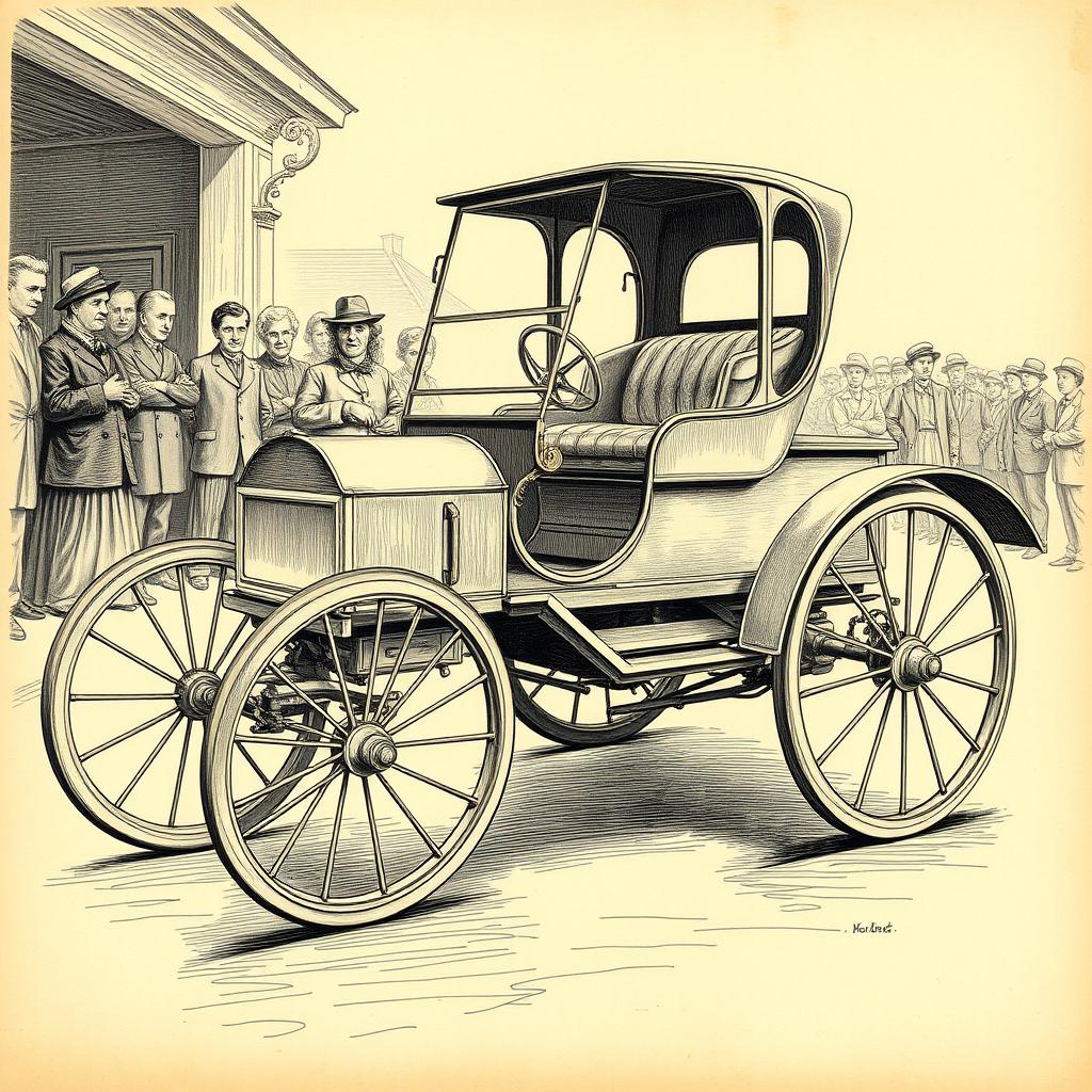 An old drawing of the first Mercedes designed by Karl Benz, showcasing a three-wheeled car in historical context