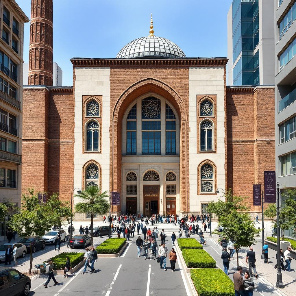 An exterior view of a grand historical Iranian mosque, inspired by Safavid Islamic architecture, located in the center of a bustling city street