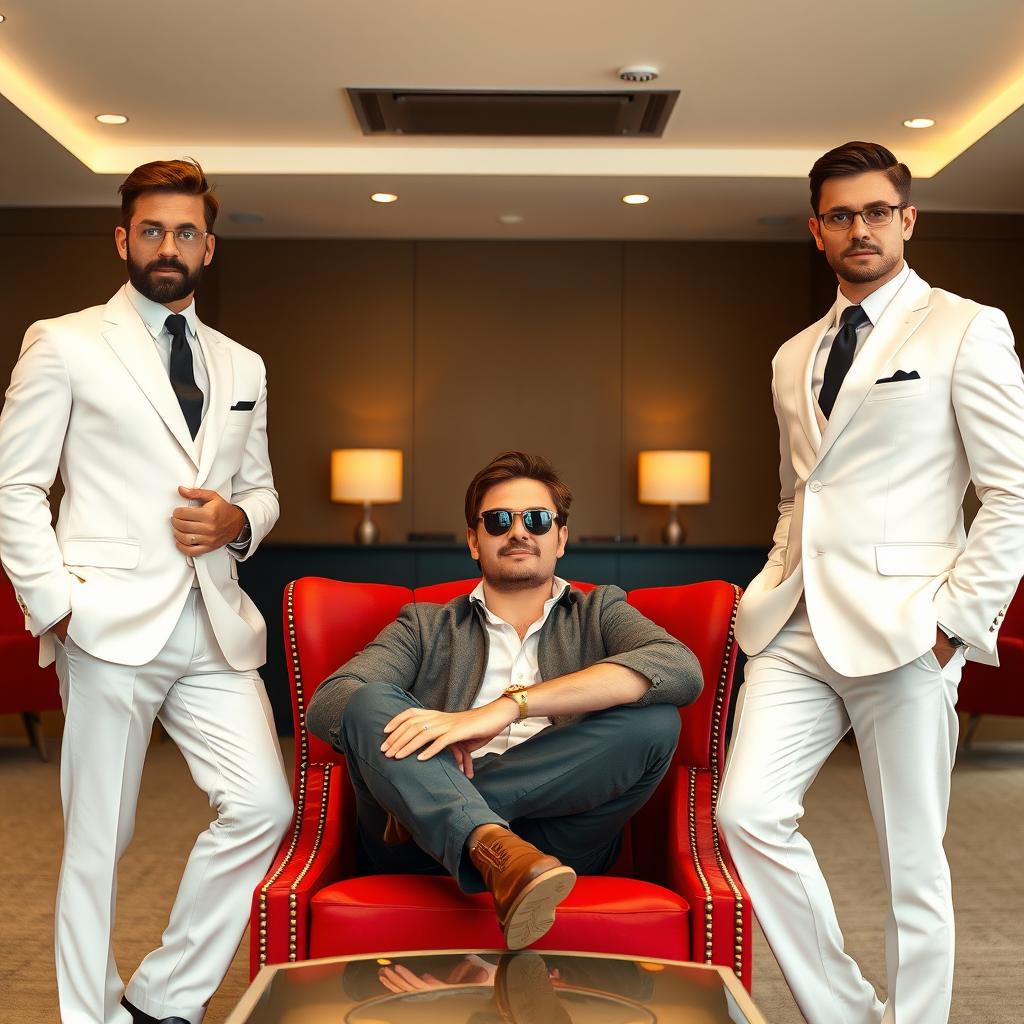 A medium brown-haired man wearing sunglasses, sitting comfortably in a luxurious red armchair