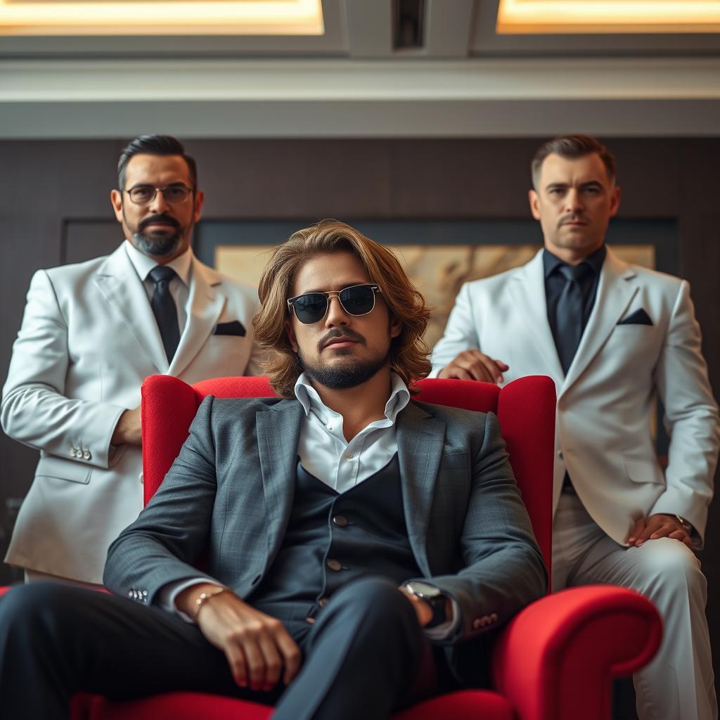 A brown semilong haired man wearing stylish sunglasses is sitting comfortably on a vibrant red armchair